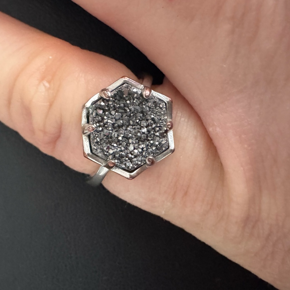Kendra Scott Kylie Silver & Silver Drusy Octagon Ring Size 6